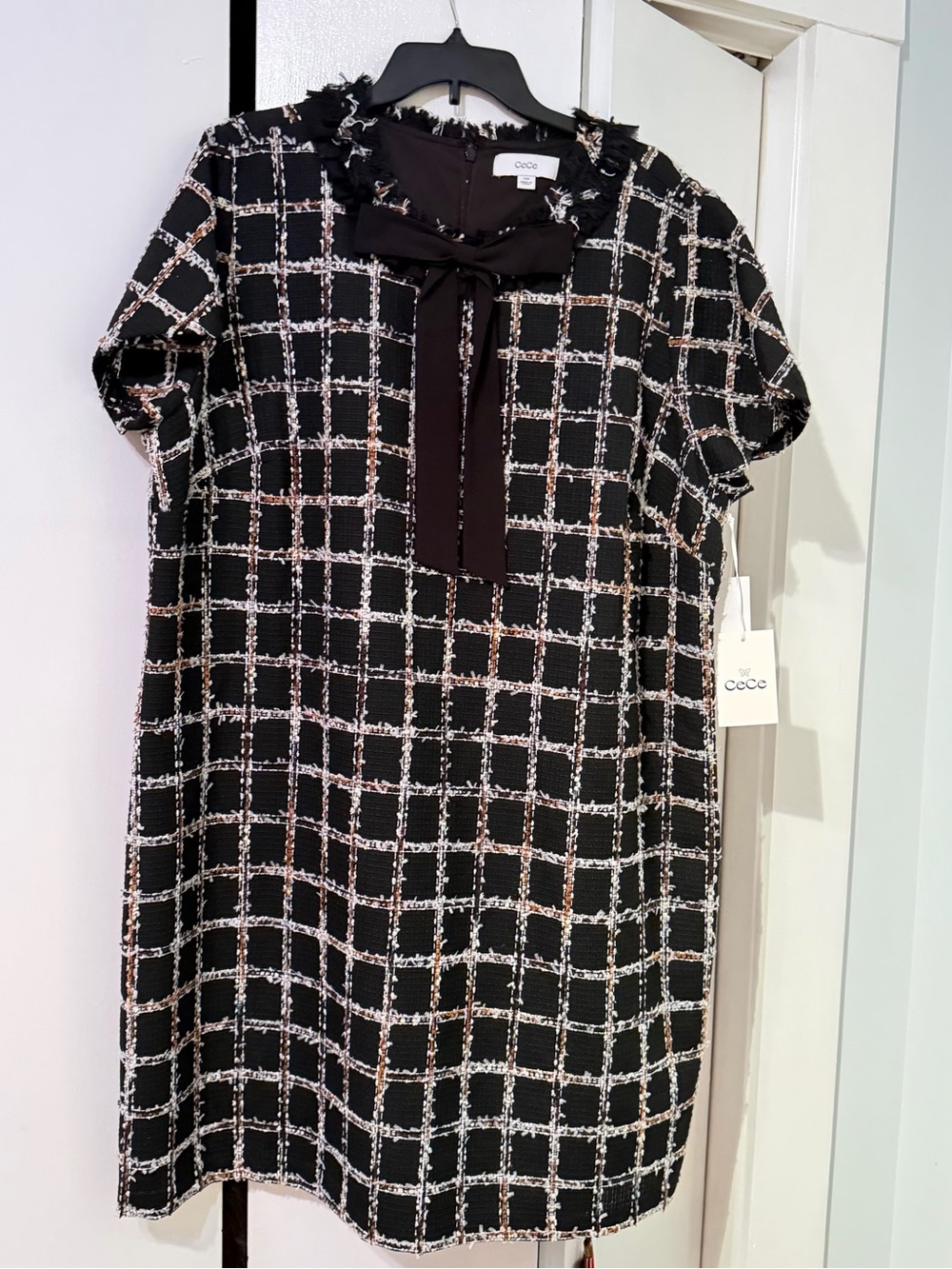 CeCe Black Windowpane Tie-Neck Mini Dress with Cream Check